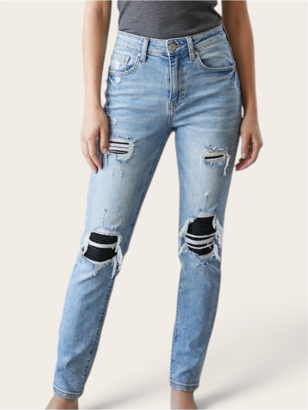 Forever 21 Light Blue Distressed Straight Leg Jeans Faux Leather patches